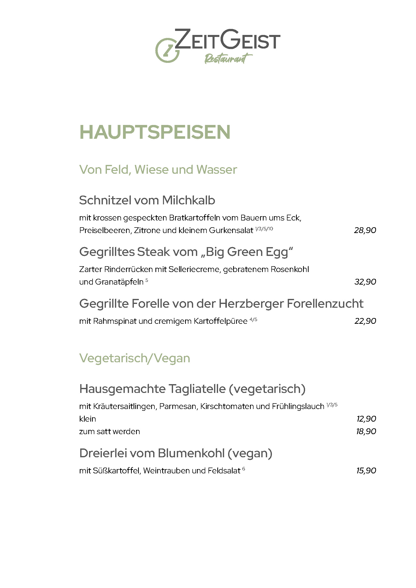 Speisekarte ZeitGeist