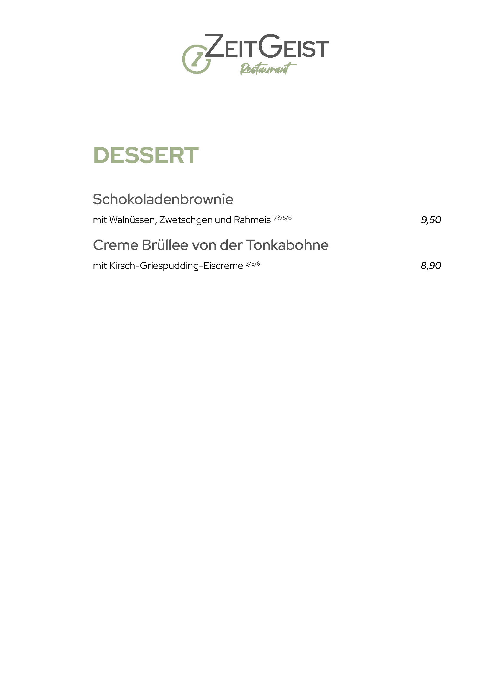 Speisekarte ZeitGeist