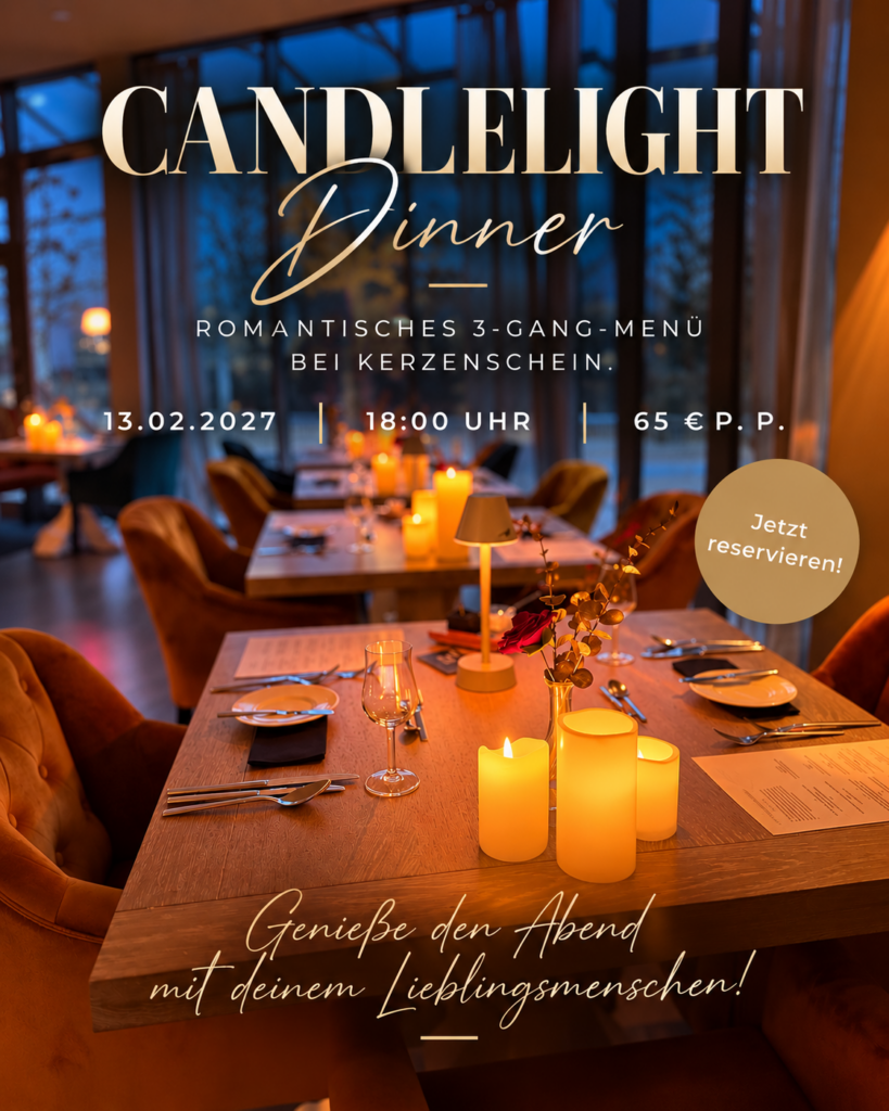 Candlelight Dinner im ZeitGeist Bad Nauheim am 13. Februar 2027 mit romantischem 3-Gang-Menü bei Kerzenschein.
