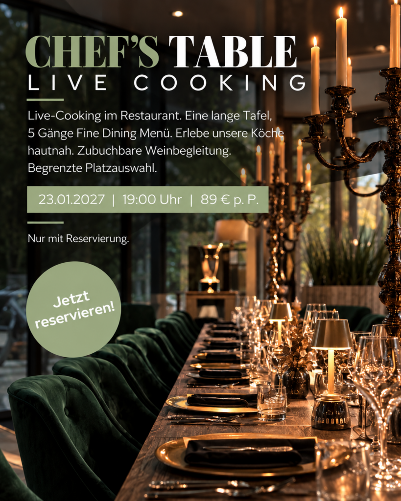 Chef’s Table im ZeitGeist Bad Nauheim am 23. Januar 2027 mit Live-Cooking und 5-Gänge-Fine-Dining-Menü an einer langen Tafel.