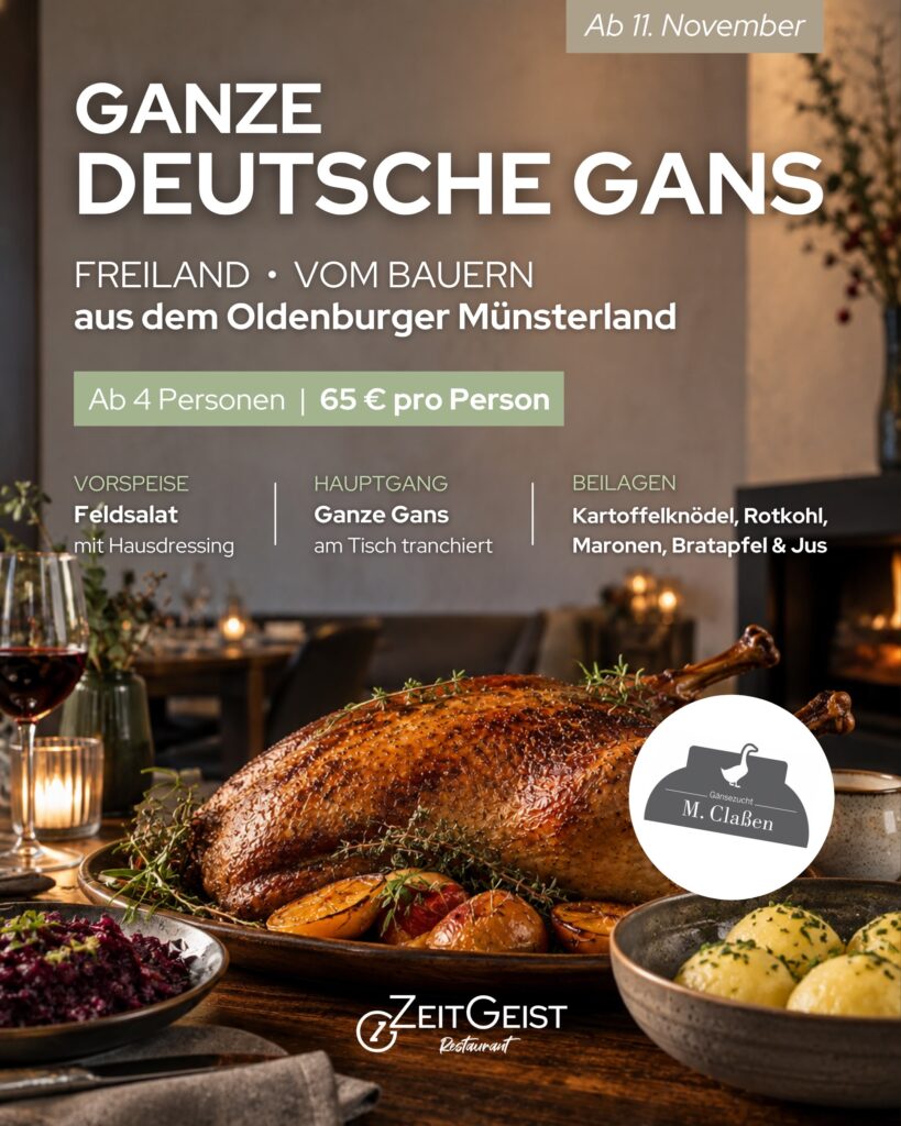 Ganze deutsche Freilandgans im ZeitGeist Bad Nauheim, serviert mit Kartoffelknödeln, Rotkohl, Maronen, Bratapfel und Jus – erhältlich ab 11. November.
