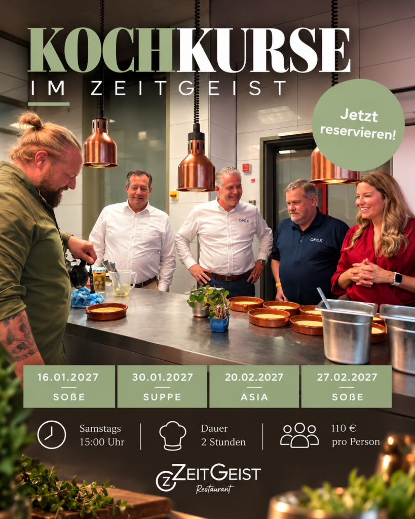 Kochkurse im ZeitGeist Bad Nauheim im Januar und Februar 2027 mit den Themen Soße, Suppe und Asia. Die zweistündigen Kurse finden samstags statt.