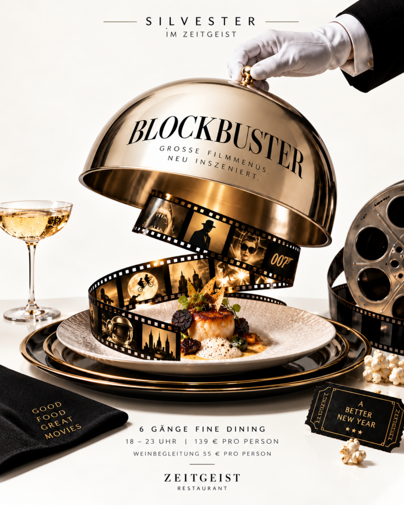 Silvester-Event „Blockbuster“ im ZeitGeist Bad Nauheim mit einem 6-Gänge-Fine-Dining-Menü unter dem Motto „Große Filme. Neu inszeniert.“