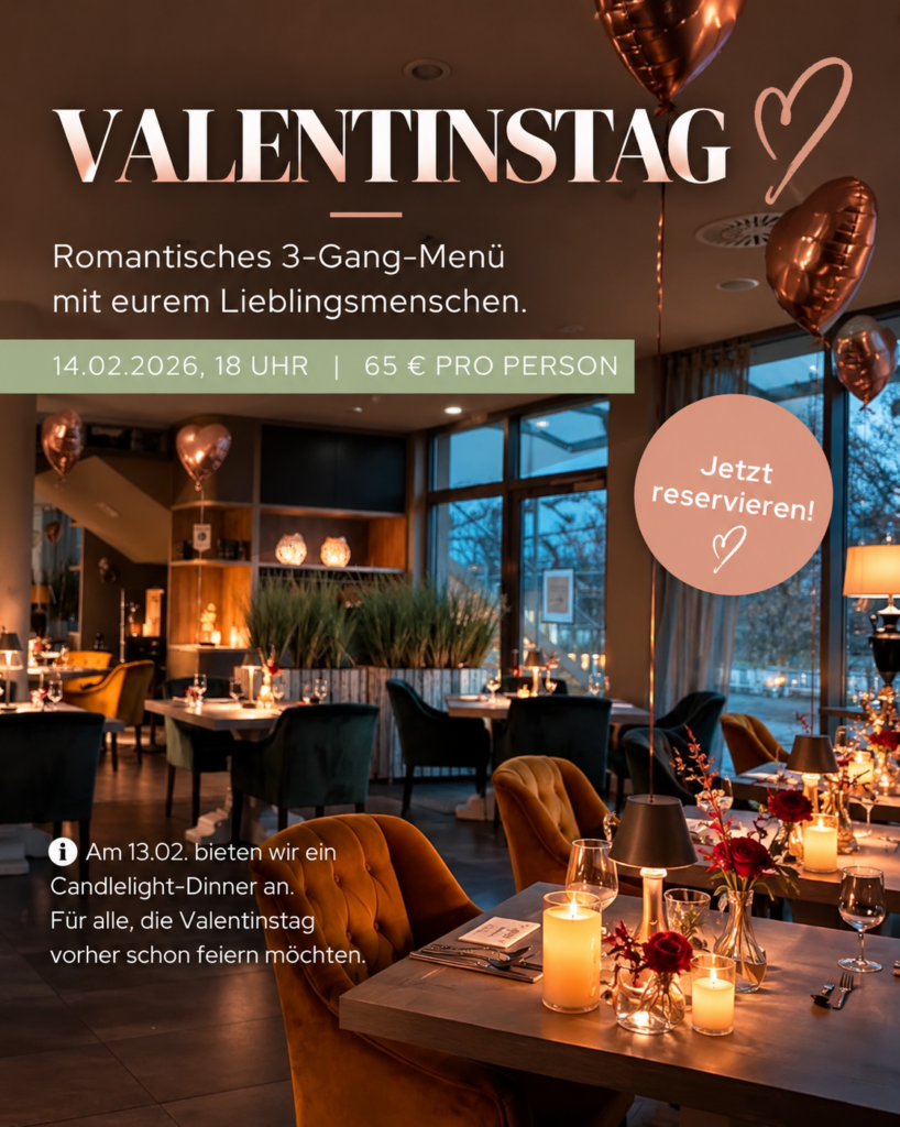 Valentinstag im ZeitGeist Bad Nauheim am 14. Februar 2027 mit romantischem 3-Gang-Menü in stimmungsvoller Atmosphäre.